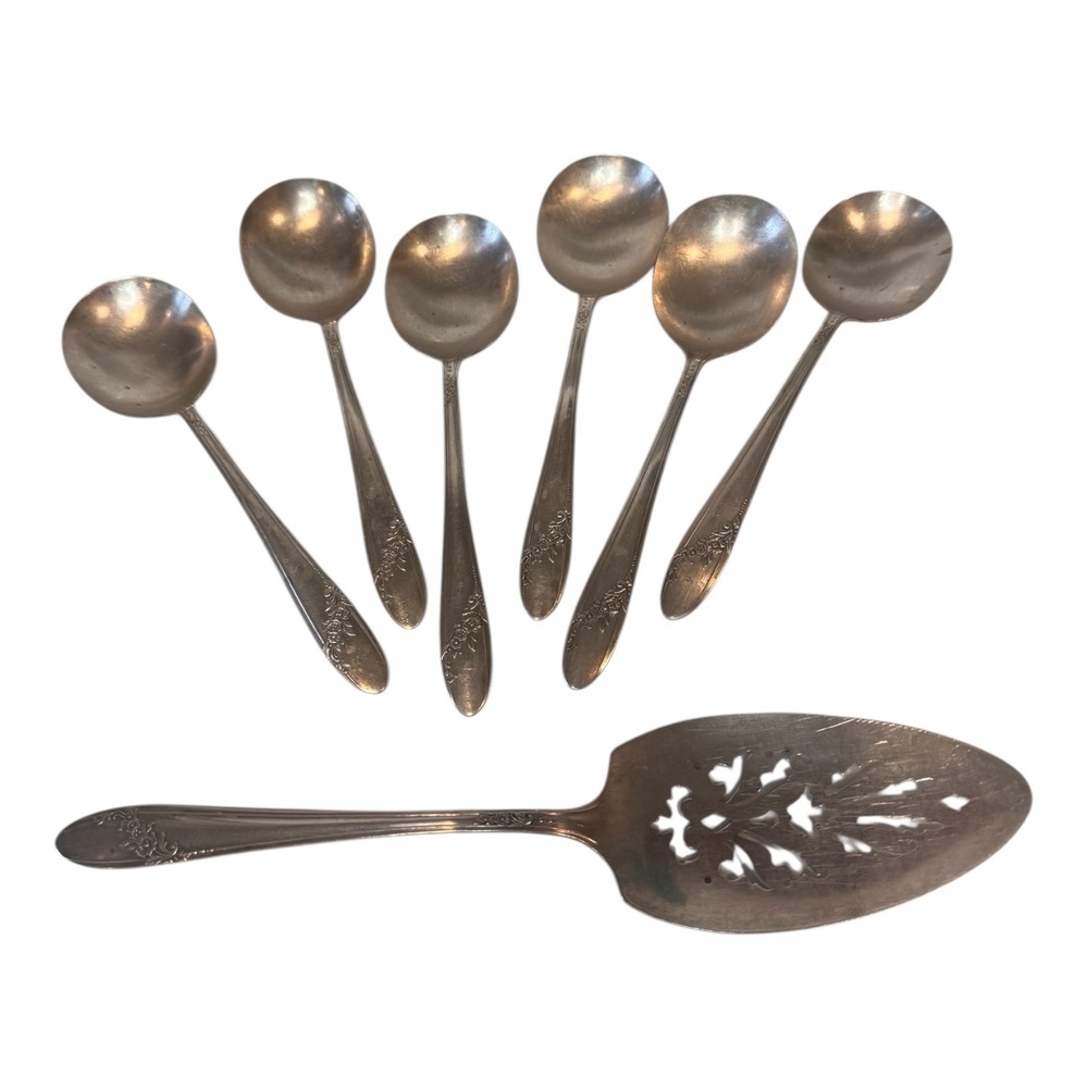 VTG Oneida Community Tudor Silverplate 6 Soup Spoons 1 Pie Server Queen‎ Bess II